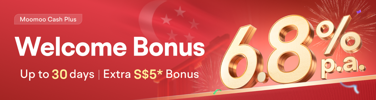 Moomoo Cash Plus 6.8%* p.a.Guaranteed Returns up to 30 days *Moomoo SG will reimburse the returs to 6.8% p.a. in cash rewards if the selected fund retums is below 6.8% p.a. T&Cs apply. 