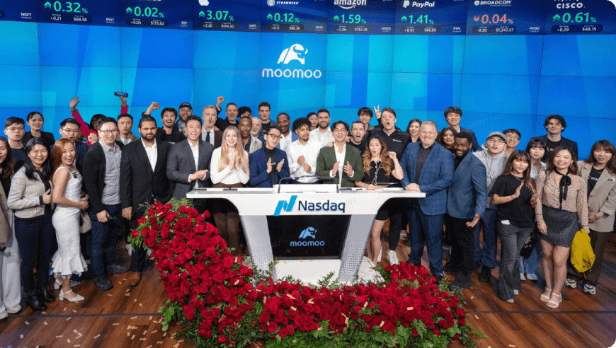 moomoo trading app's staff at nasdaq partnership event.