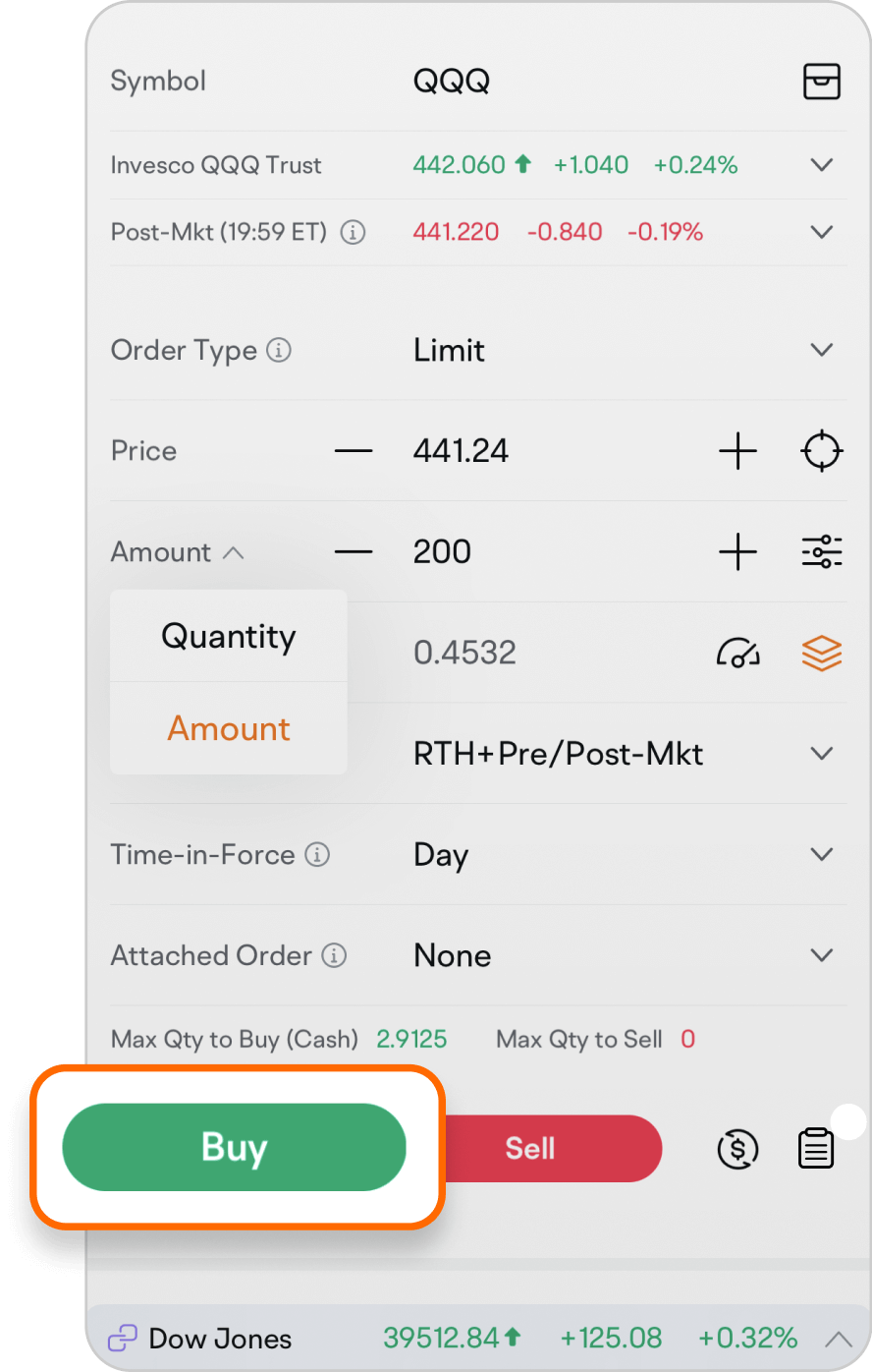 Trade button for fractional shares on moomoo