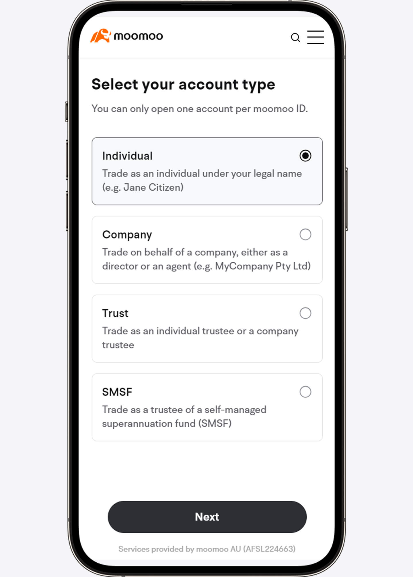 Screenshot of opening a moomoo account