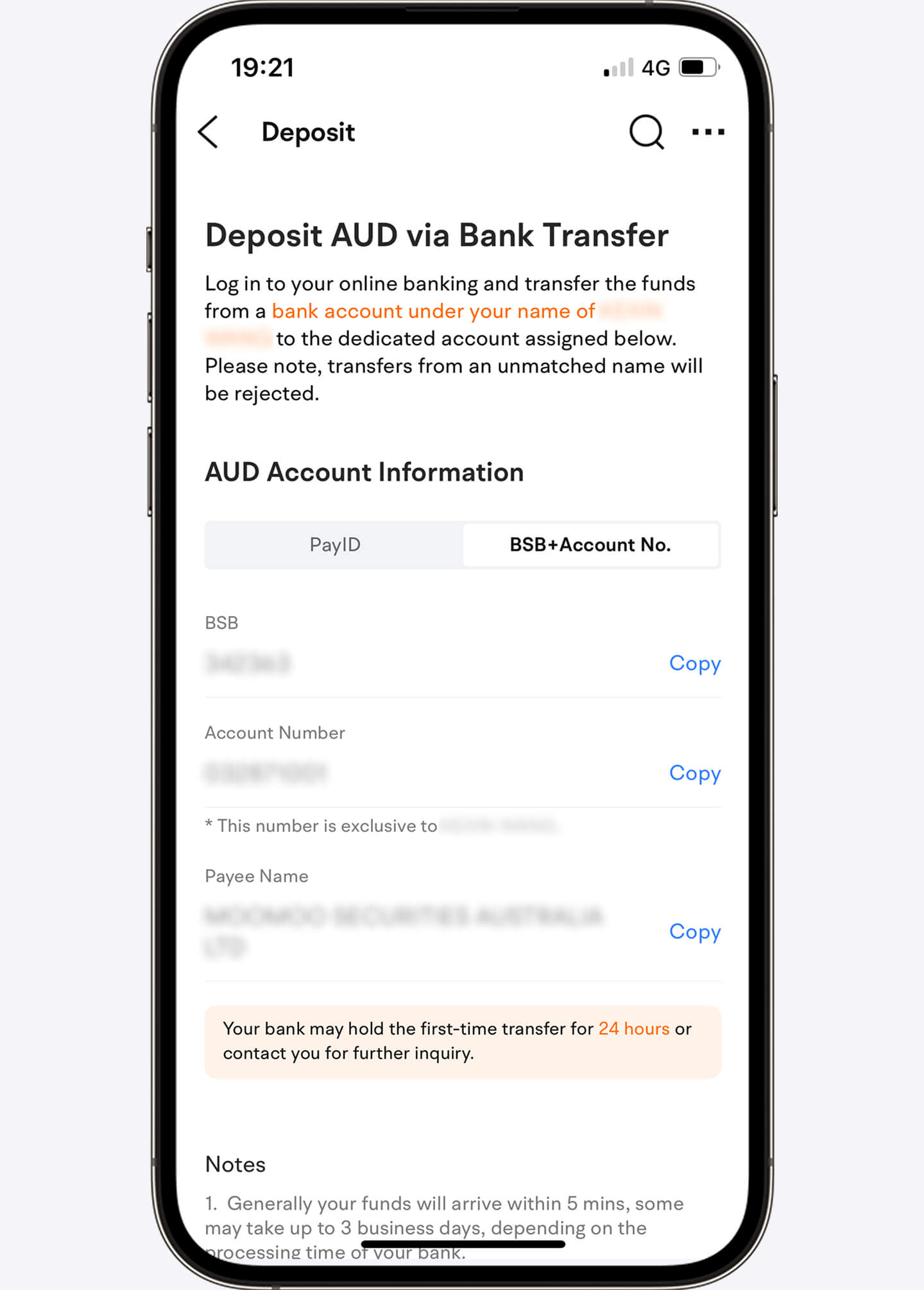 Screenshot of deposit